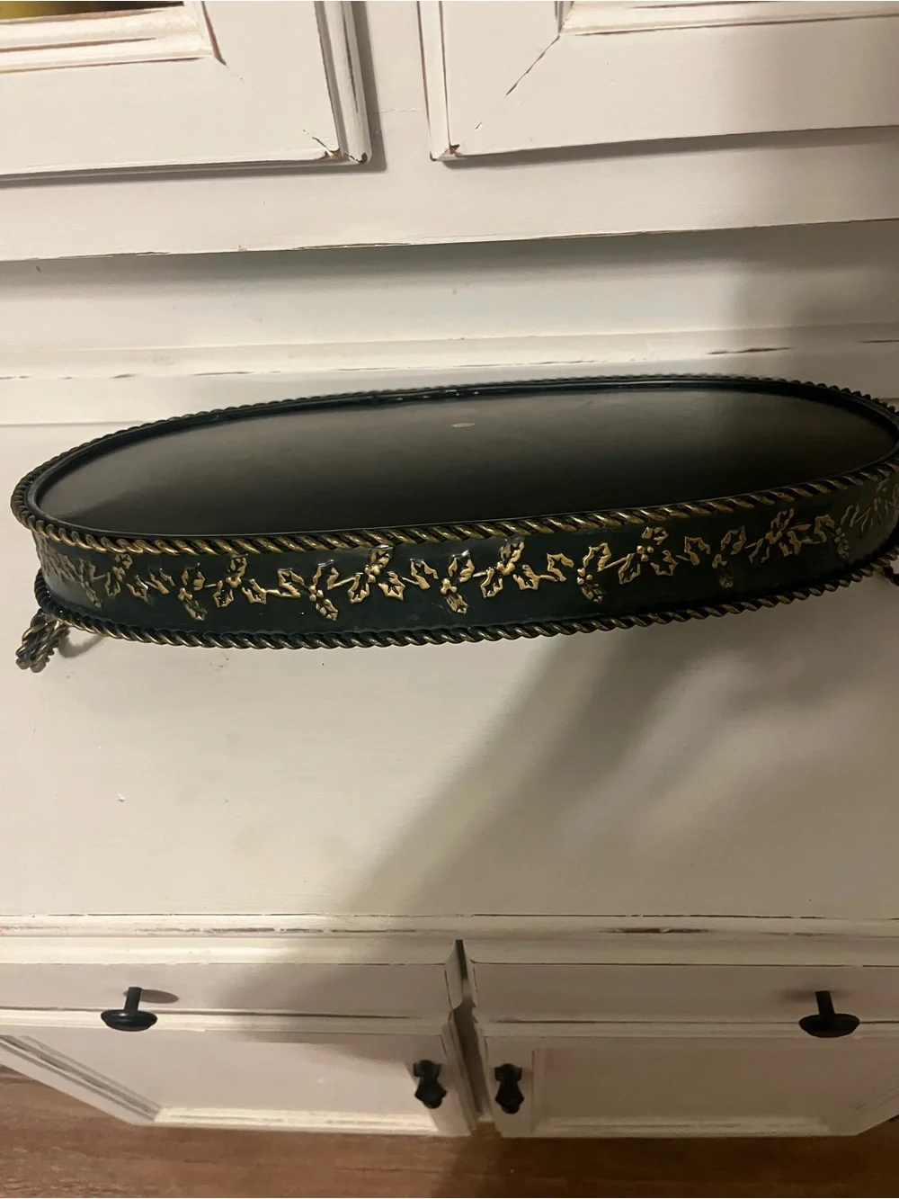 Dark Green and Gold Metal Oval Serving Tray with Handles